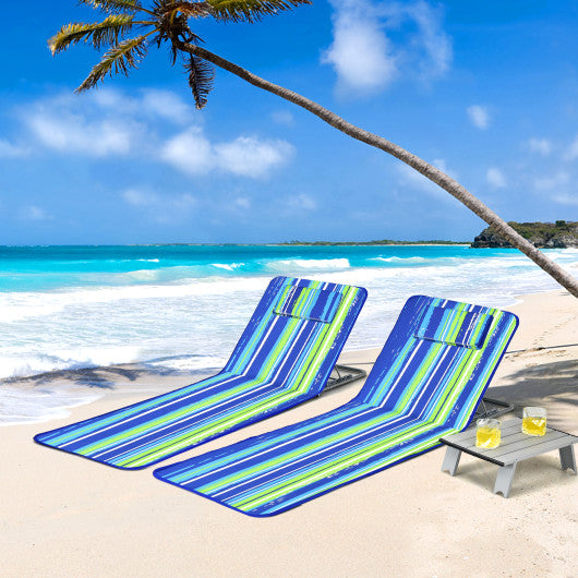 3 Pieces Beach Lounge Chair Mat Set 2 Adjustable Lounge Chairs with Table Stripe-Blue - Set Shop and Smile