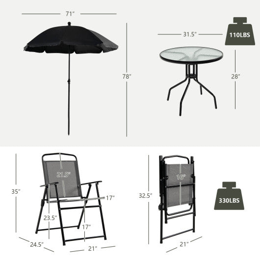 6 Pieces Patio Dining Set Folding Chairs Glass Table Tilt Umbrella for Garden-Gray - Set Shop and Smile