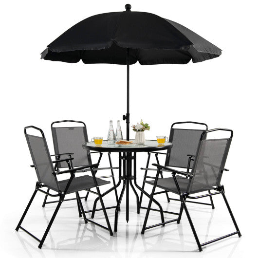 6 Pieces Patio Dining Set Folding Chairs Glass Table Tilt Umbrella for Garden-Gray - Set Shop and Smile