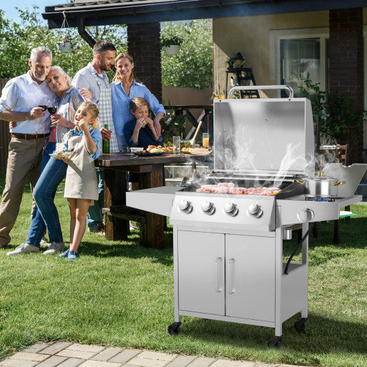 50000BTU 5-Burner Propane Gas Grill with Side Burner and 2 Prep Tables-Silver - Set Shop and Smile