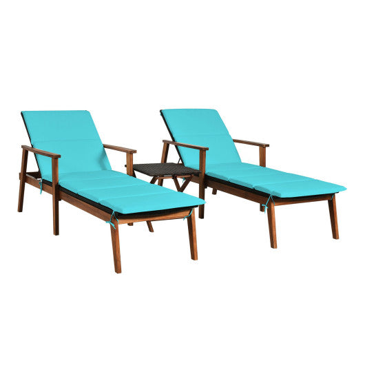 3 Pieces Portable Patio Cushioned Rattan Lounge Chair Set with Folding Table-Turquoise - Set Shop and Smile