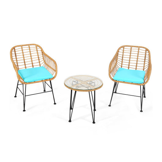 3 Pieces Rattan Furniture Set with Cushioned Chair Table-Turquoise - Set Shop and Smile