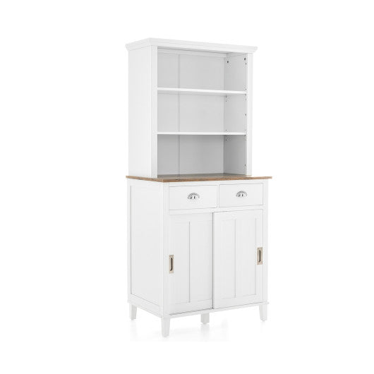 Freestanding Kitchen Pantry with Hutch Sliding Door and Drawer-White - Set Shop and Smile