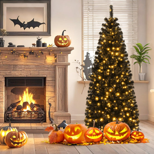 Pre-lit Christmas Halloween Tree with PVC Branch Tips and Warm White Lights-7 ft