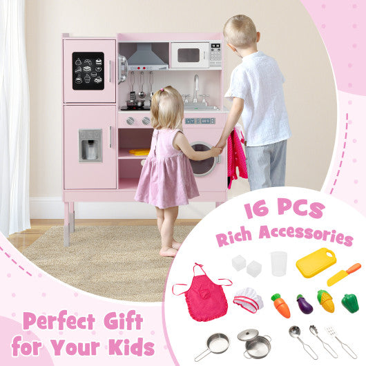 Pretend Play Kitchen for Kids with 16 Pieces Accessories-Pink - Set Shop and Smile