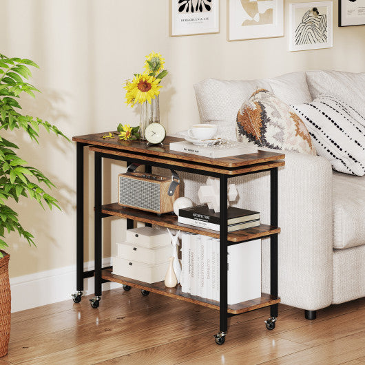 360° Rotating Sofa Side Table with Storage Shelves and Wheels-Rustic Brown