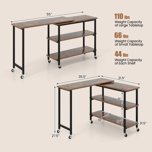 360° Rotating Sofa Side Table with Storage Shelves and Wheels-Rustic Brown