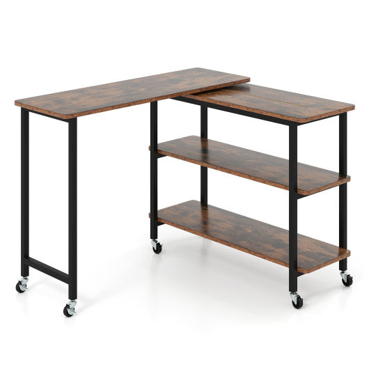 360° Rotating Sofa Side Table with Storage Shelves and Wheels-Rustic Brown