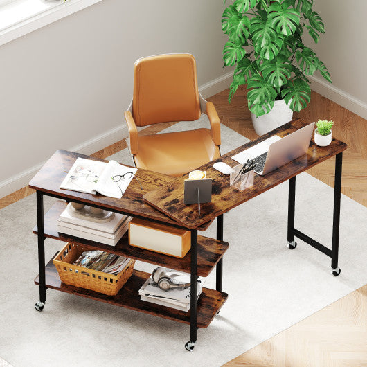 360° Rotating Sofa Side Table with Storage Shelves and Wheels-Rustic Brown