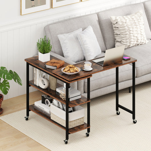 360° Rotating Sofa Side Table with Storage Shelves and Wheels-Rustic Brown