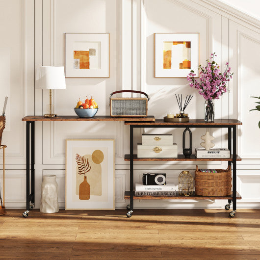 360° Rotating Sofa Side Table with Storage Shelves and Wheels-Rustic Brown