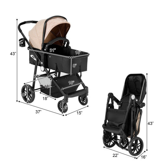 2-in-1 Foldable Pushchair Newborn Infant Baby Stroller-Coffee - Set Shop and Smile