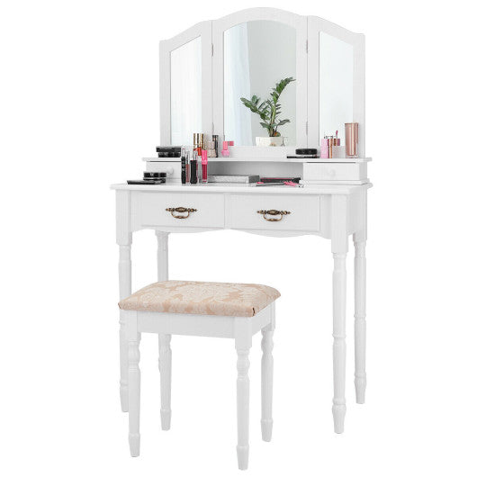 Simple Vanity Set with Tri-Folding Mirror Drawers and Storage Shelf-Black - Set Shop and Smile