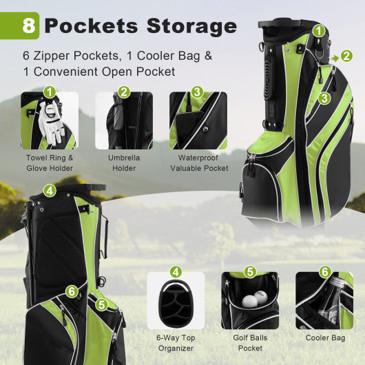 Golf Stand Cart Bag with 6-Way Divider Carry Pockets-Green