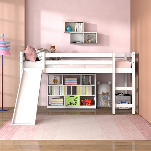 Twin Size Low Sturdy Loft Bed with Slide Wood-White