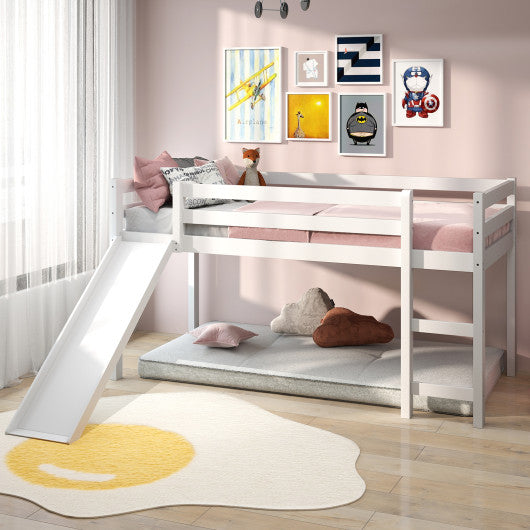 Twin Size Low Sturdy Loft Bed with Slide Wood-White
