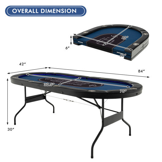 Foldable 10-Player Poker Table with LED Lights and USB Ports Ideal for Texas Casino-Blue - Set Shop and Smile