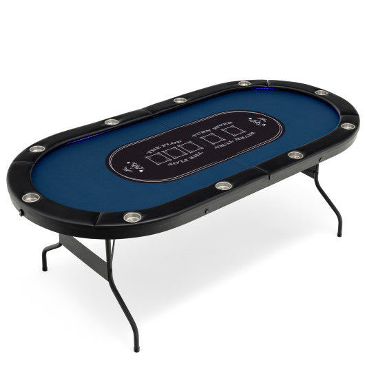 Foldable 10-Player Poker Table with LED Lights and USB Ports Ideal for Texas Casino-Blue - Set Shop and Smile