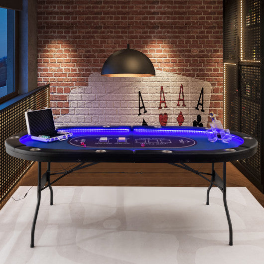 Foldable 10-Player Poker Table with LED Lights and USB Ports Ideal for Texas Casino-Blue - Set Shop and Smile
