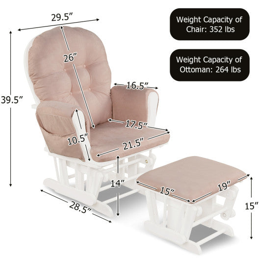 Wood Glider and Ottoman Set with Padded Armrests and Detachable Cushion-Pink - Set Shop and Smile