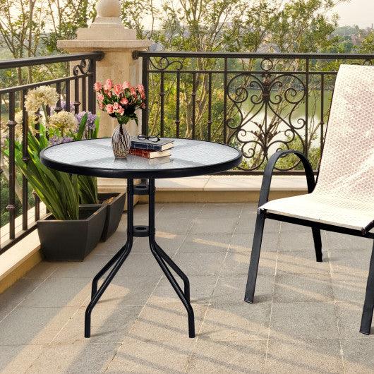 32 Inch Outdoor Patio Round Tempered Glass Top Table with Umbrella Hole at Set Shop and Smile