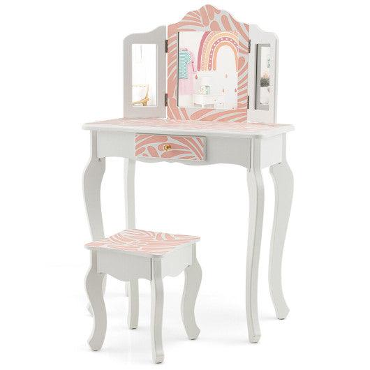 2-in-1 Kids Vanity Table Set with Tri-folding Mirror-Pink at Set Shop and Smile