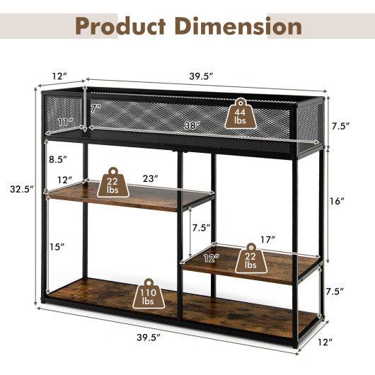 4-Tier Industrial Console Table with Wire Basket and shelf-Rustic Brown at Set Shop and Smile