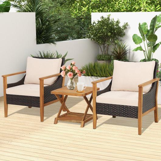 3 Pieces Patio Wicker Furniture Set with 2-Tier Side Table and Cushioned Armchairs-Natural at Set Shop and Smile