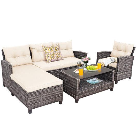 4 Pieces Patio Rattan Furniture Set with Cushion and Table Shelf-Off White at Set Shop and Smile