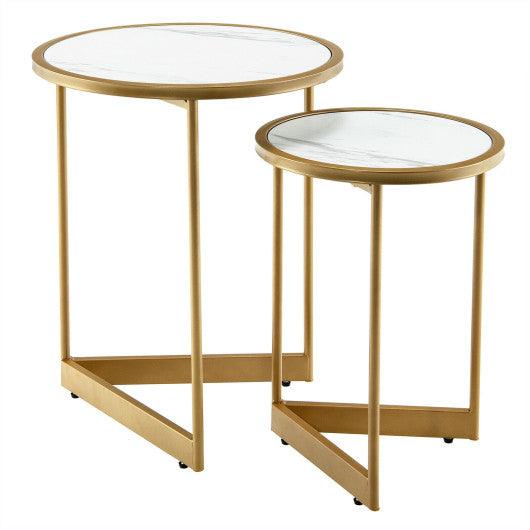 Round Nesting Table Set of 2 with Marble-like Tabletop-White at Set Shop and Smile