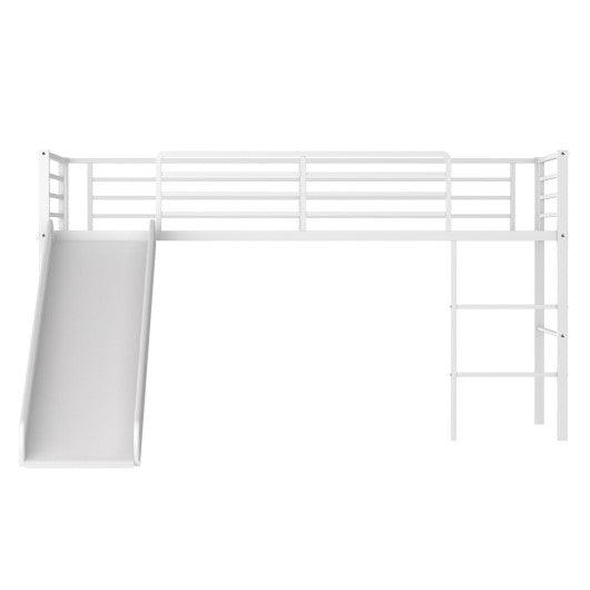 Twin Metal Loft Bed with Slide Safety Guardrails and Built-in Ladder-White at Set Shop and Smile