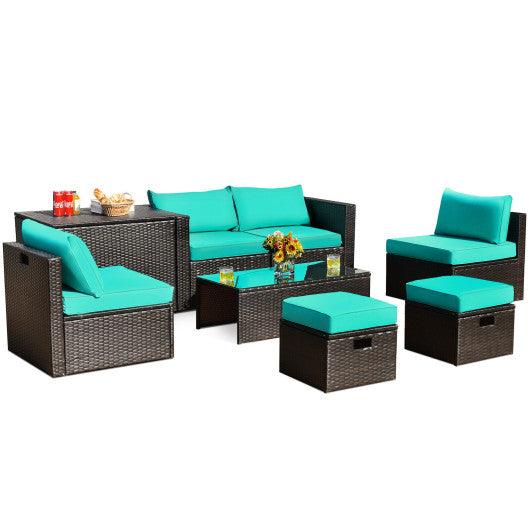 8 Pieces Patio Space-Saving Rattan Furniture Set with Storage Box and Waterproof Cover-Turquoise at Set Shop and Smile