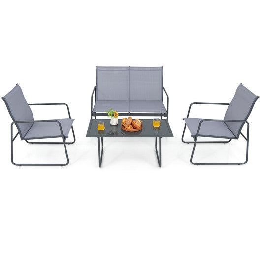 4 Pieces of Metal Patio Furniture Chat Set with Tempered Glass Coffee Table at Set Shop and Smile