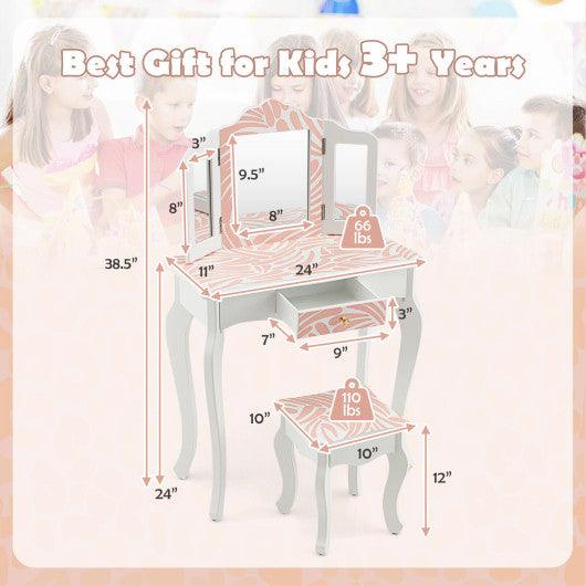 2-in-1 Kids Vanity Table Set with Tri-folding Mirror-Pink at Set Shop and Smile