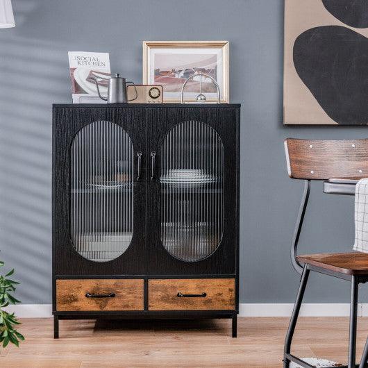 Kitchen Industrial Buffet Sideboard with Tempered Glass Doors-Black at Set Shop and Smile