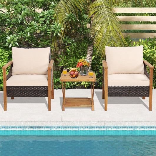3 Pieces Patio Wicker Furniture Set with 2-Tier Side Table and Cushioned Armchairs-Natural at Set Shop and Smile