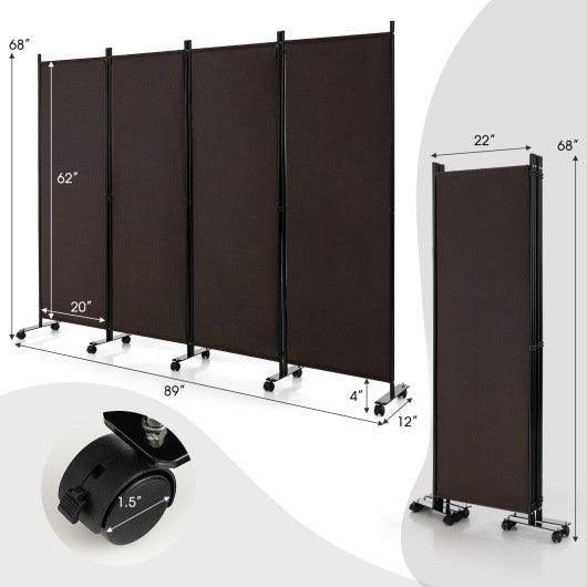 4-Panel Folding Room Divider 6 Feet Rolling Privacy Screen with Lockable Wheels-Brown at Set Shop and Smile