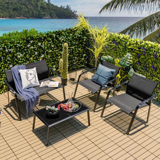 4 Pieces Patio Furniture Set with Armrest Loveseat Sofas and Glass Table Deck-Black at Set Shop and Smile