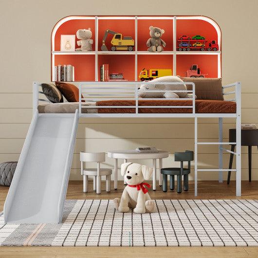 Twin Metal Loft Bed with Slide Safety Guardrails and Built-in Ladder-Silver at Set Shop and Smile