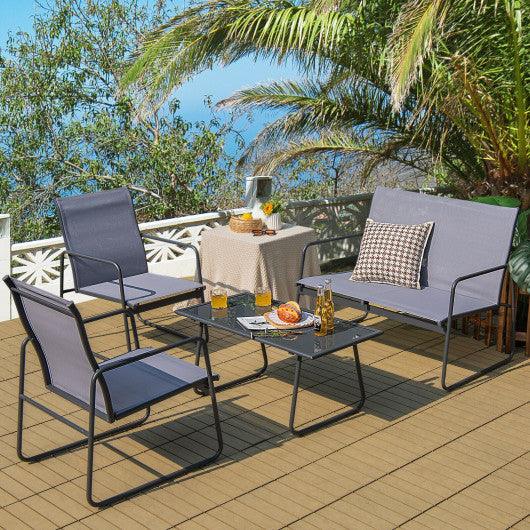 4 Pieces of Metal Patio Furniture Chat Set with Tempered Glass Coffee Table at Set Shop and Smile