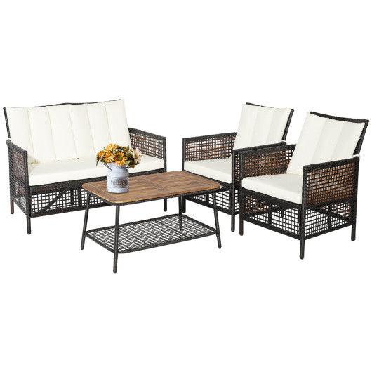 4 Pieces Patio Rattan Furniture Set with 2-Tier Coffee Table-White at Set Shop and Smile