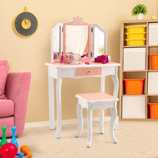 Princess Vanity Table and Chair Set with Tri-Folding Mirror and Snowflake Print-Pink at Set Shop and Smile