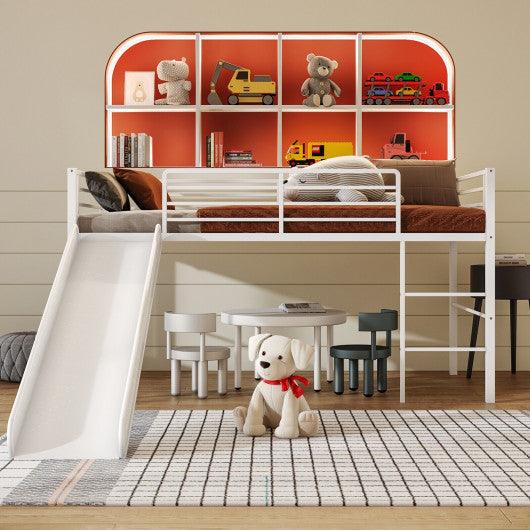 Twin Metal Loft Bed with Slide Safety Guardrails and Built-in Ladder-White at Set Shop and Smile