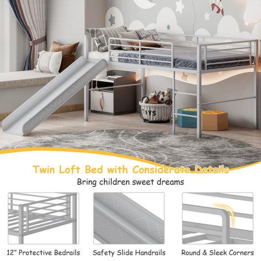 Twin Metal Loft Bed with Slide Safety Guardrails and Built-in Ladder-Silver at Set Shop and Smile