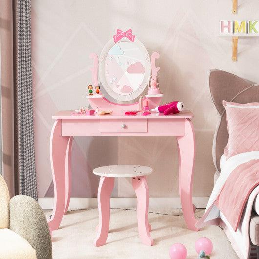 Kid Vanity Table Stool Set with Oval Rotatable Mirror-Pink at Set Shop and Smile