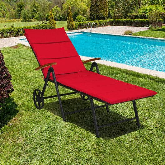 Folding Patio Rattan Lounge Chair with Wheels-Red at Set Shop and Smile