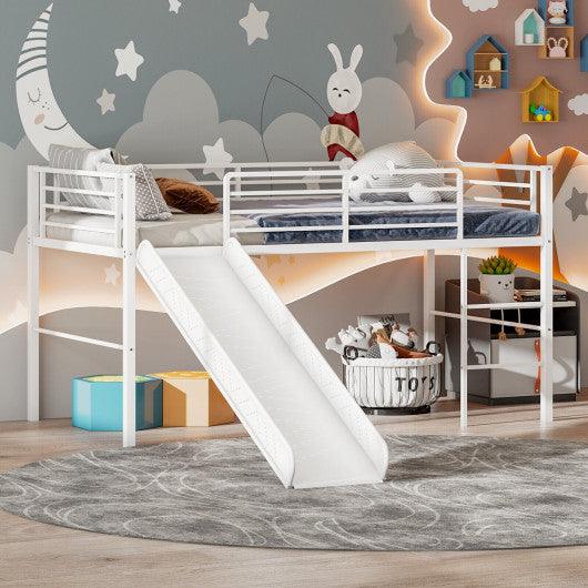 Twin Metal Loft Bed with Slide Safety Guardrails and Built-in Ladder-White at Set Shop and Smile