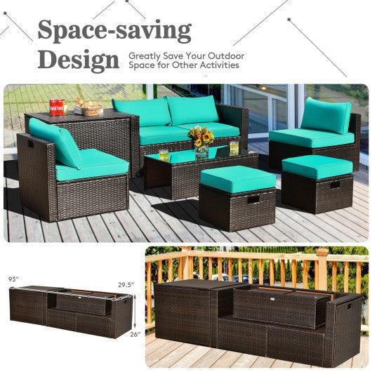 8 Pieces Patio Space-Saving Rattan Furniture Set with Storage Box and Waterproof Cover-Turquoise at Set Shop and Smile