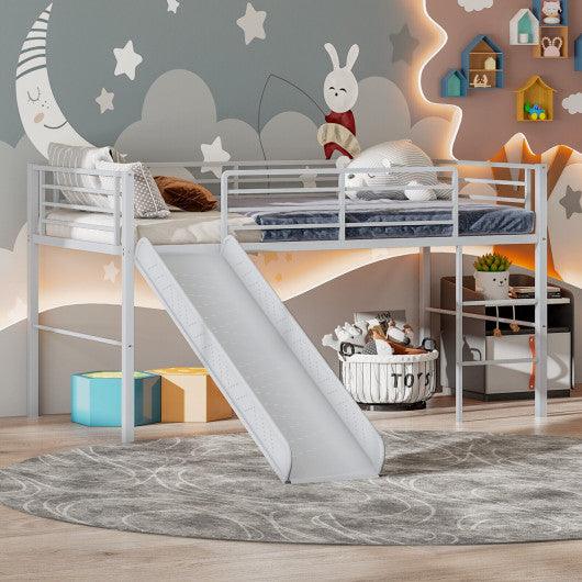 Twin Metal Loft Bed with Slide Safety Guardrails and Built-in Ladder-Silver at Set Shop and Smile