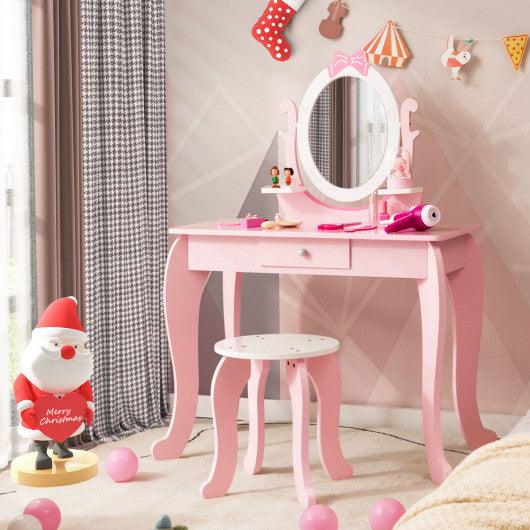 Kid Vanity Table Stool Set with Oval Rotatable Mirror-Pink at Set Shop and Smile